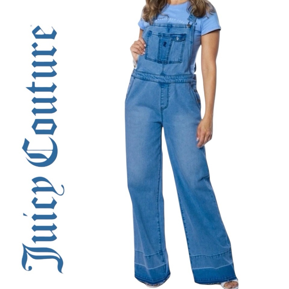 NEW Juicy Couture Overall Release/Hem Medium Wash Wide Leg 5 Pockets Sz XXL